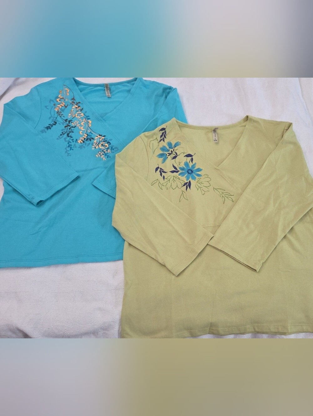 Lot of 2 Floral Embroidered Faux Wrap 3/4 Sleeve Tops Teal & Chartreuse Green L